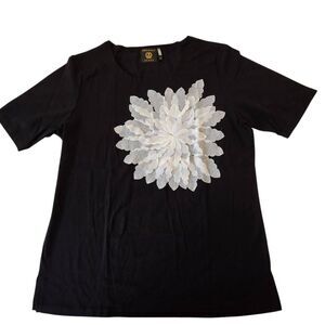Vecceli Italy Womens Black White 3D Floral Applique Crewneck T-Shirt Medium